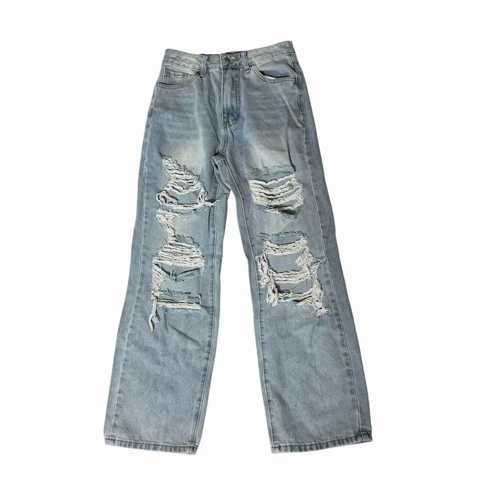 GIRLS SHEIN Petite Distressed Wide-Leg Jeans S Blue Light Wash